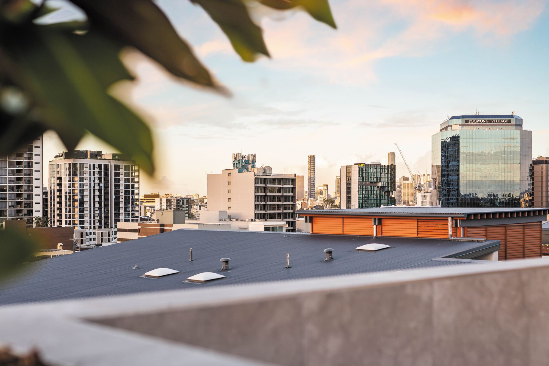 Rooftop view towards city skyline